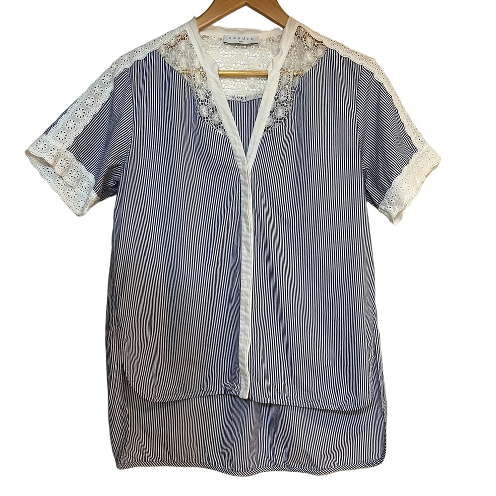 Sandro blue & white striped lace button down blouse size S excellent condition